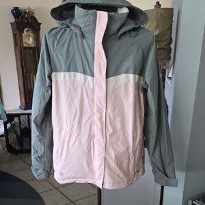 Pink and Gray Ski Snow Jacket with Hood and Water-Resistant Material